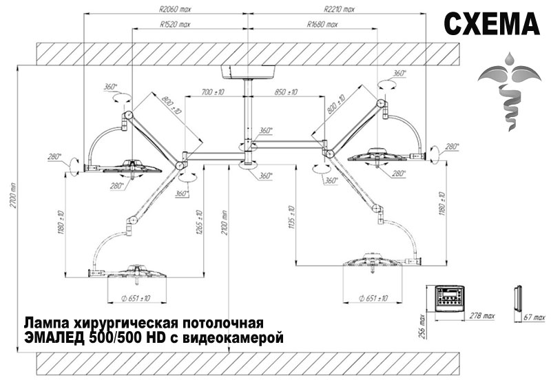 Лампа хирургическая потолочная ЭМАЛЕД 500/500 HD с видеокамерой - Схема Лампа хирургическая потолочная ЭМАЛЕД 500/500 HD с видеокамерой - Схема